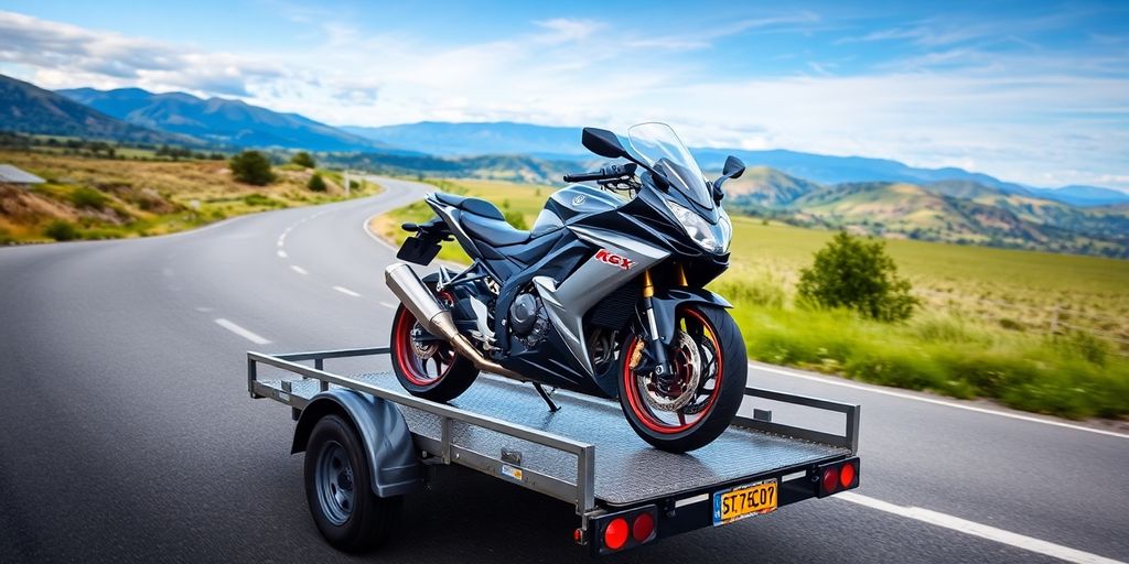 Motorcycle on a flatbed trailer for long-distance towing.