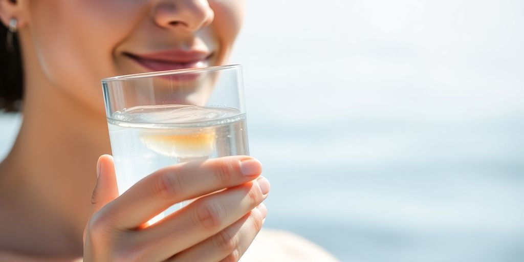 Person drinking water, looking serene.