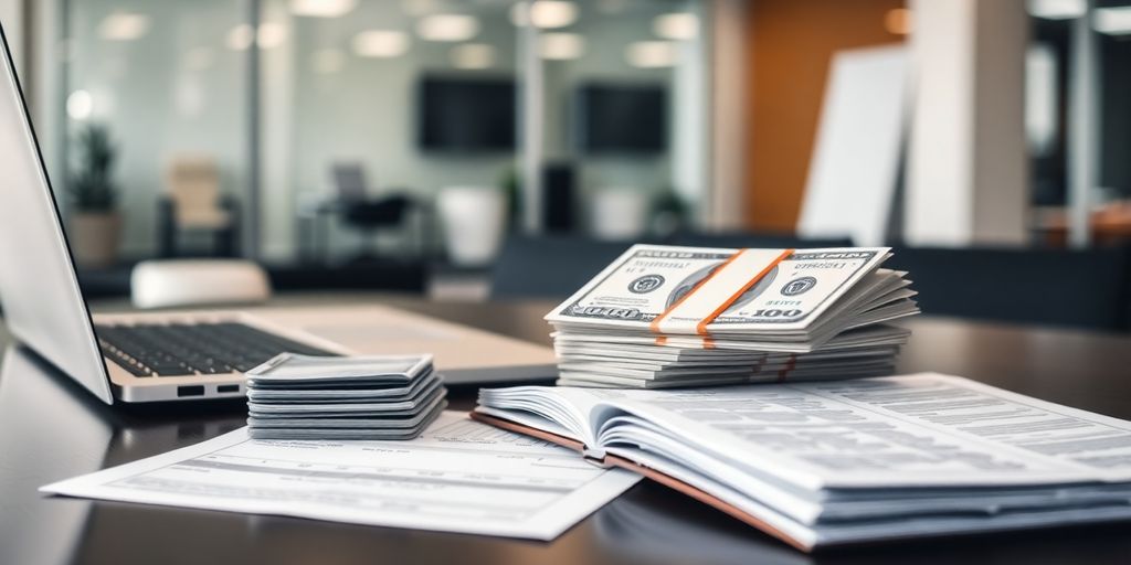 Financial documents, laptop, and money on a professional desk.