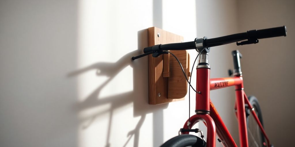 Wooden bike rack on wall, bike mounted.