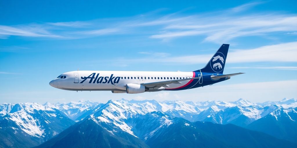 Snow-capped mountains, Alaska Airlines plane flying.