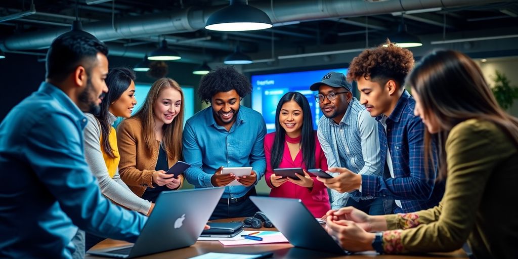 Professionals collaborating in a modern workspace for leads.