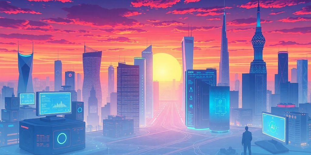 Futuristic city com IA e tecnologia avançada.
