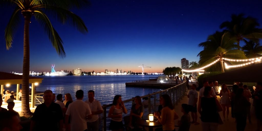 Nightlife in Aventura, Florida with outdoor activities under stars.