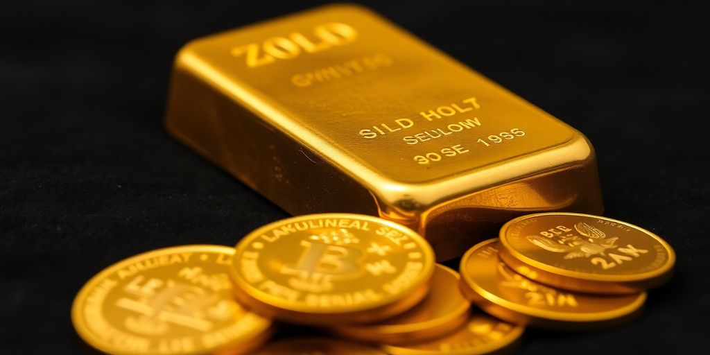 Barre et pièces d’or sur fond sombre.