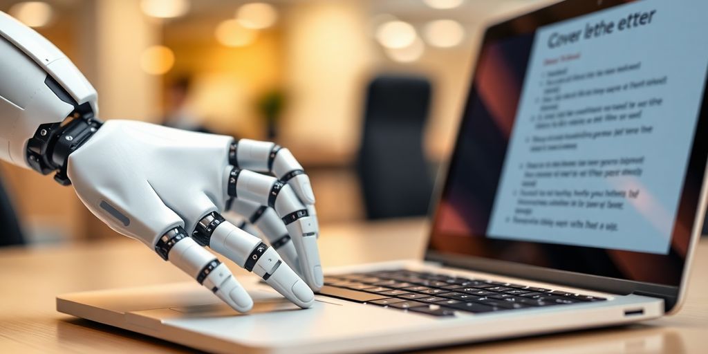 Robot hand typing custom cover letter on laptop