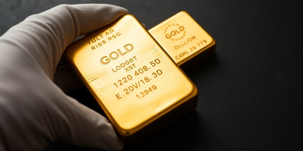 Deux lingots de tailles différentes brillants près d’une main gantée