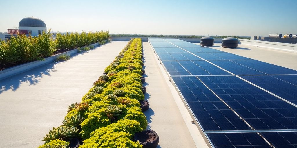 Modern plat dak met groene planten zonnepanelen regentonnen blauwe lucht