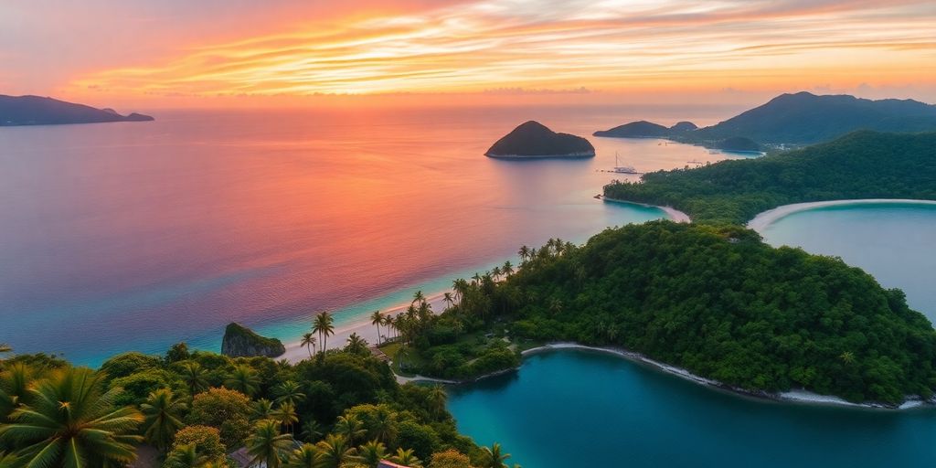 Phuket's stunning beach at sunset with lush greenery.
