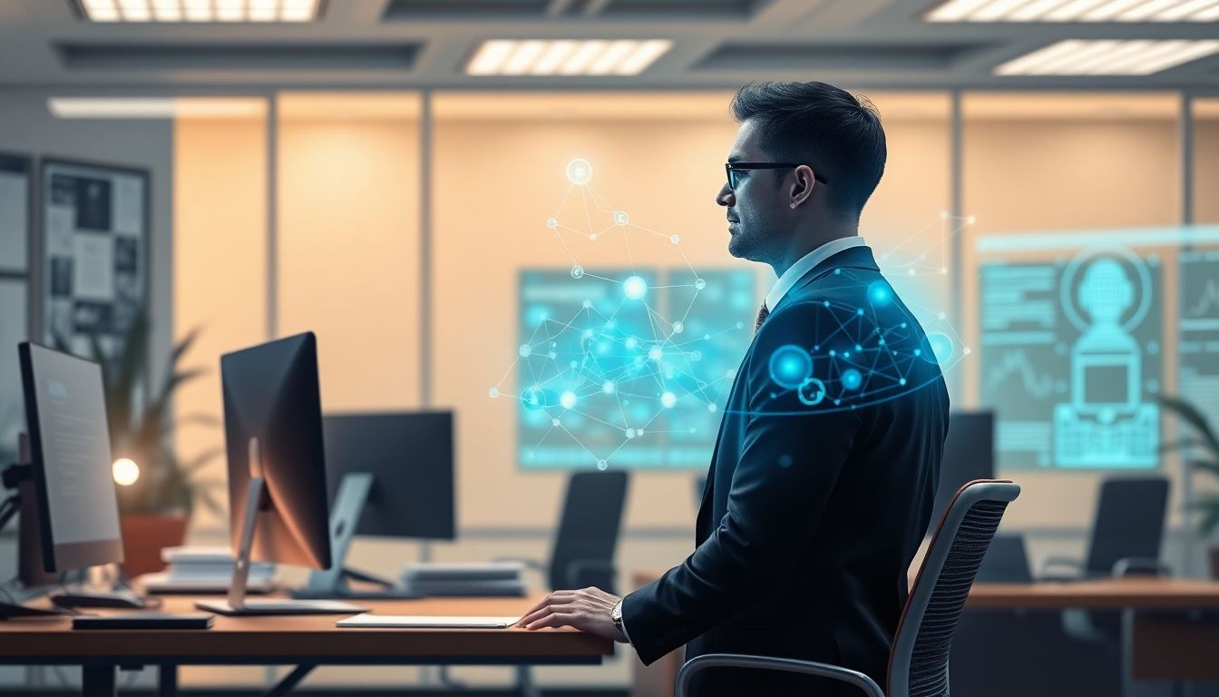 Human leader and AI interface collaborating on business strategy.