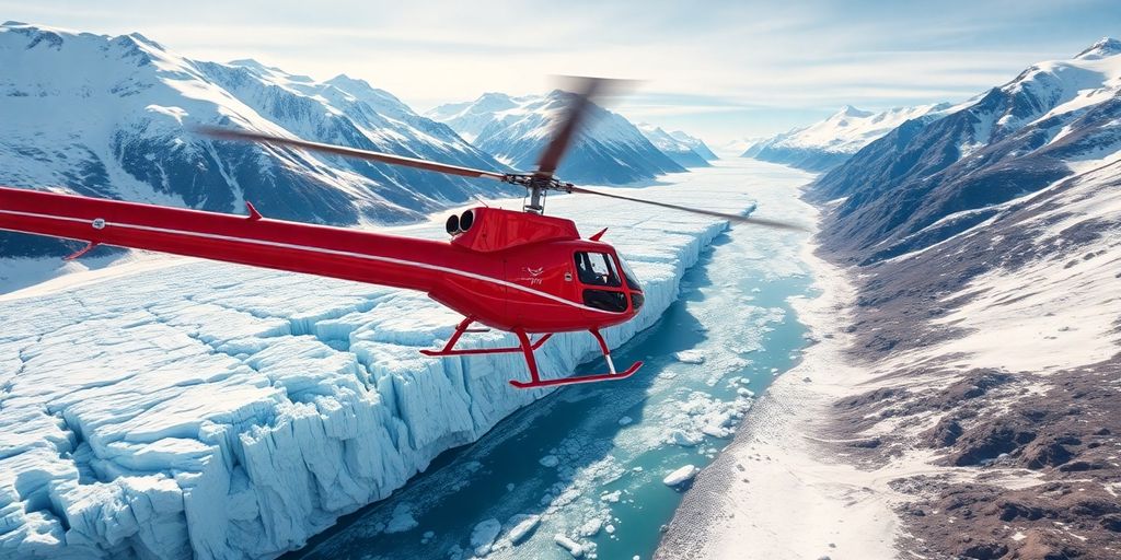 A red helicopter flies over vast Alaskan glaciers and mountains.