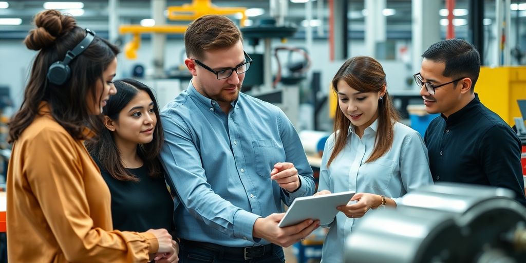 Professionals collaborating in a global manufacturing environment.