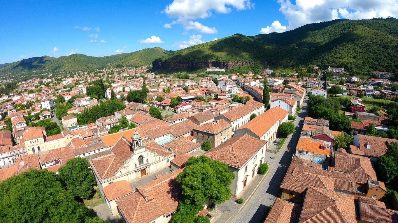 Aerial view of Ouro Preto's colonial architecture and hills.