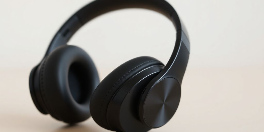 Moderne Bluetooth-Kopfhörer in Nahaufnahme auf weichem Hintergrund.