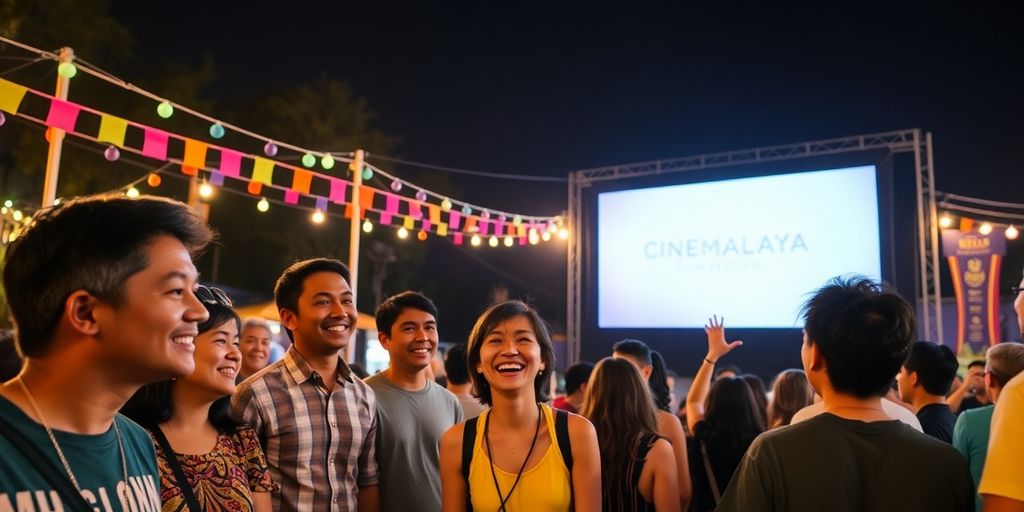 Cinemalaya Film Festival with outdoor screening and excited crowd.