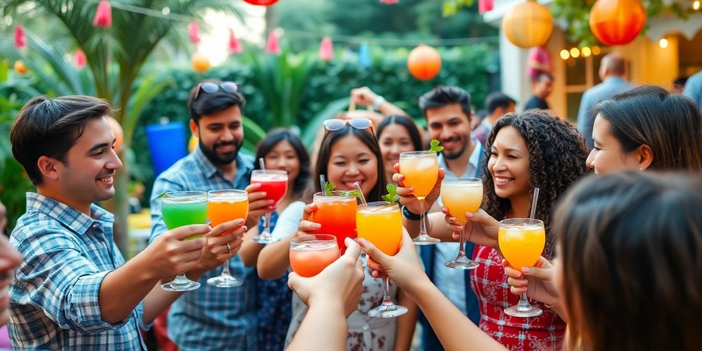 Group of people toasting with colorful mocktails outdoors.