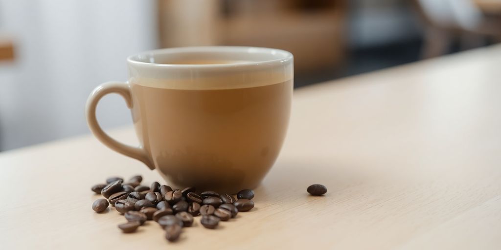 Coffee cup on a table next to coffee beans.