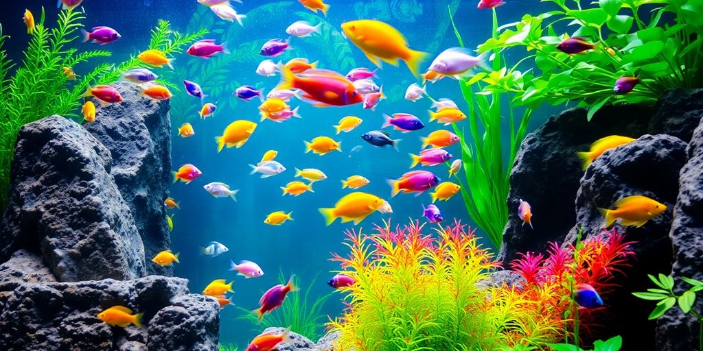 Peces coloridos nadando en un acuario decorado.