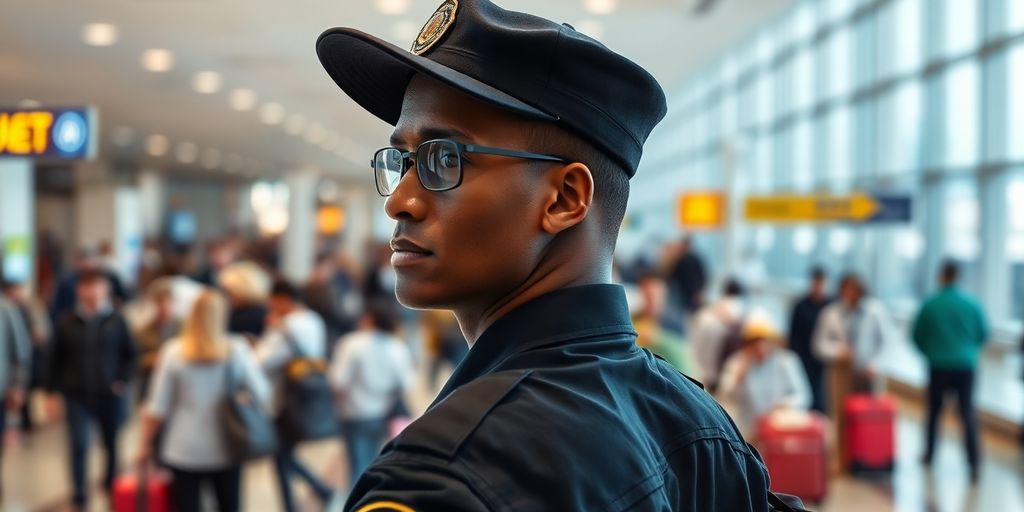 Security officer observing airport terminal, illustrative image.
