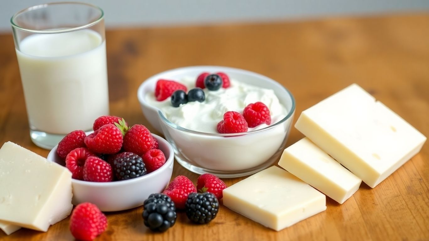 Various low-fat dairy products with berries on a table.
