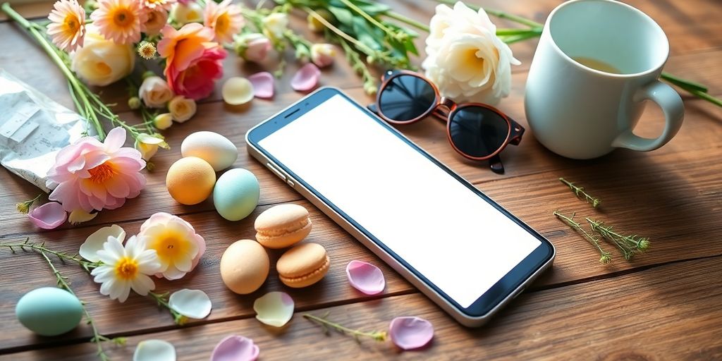 Flat lay seasonal Easter items and smartphone on wooden table
