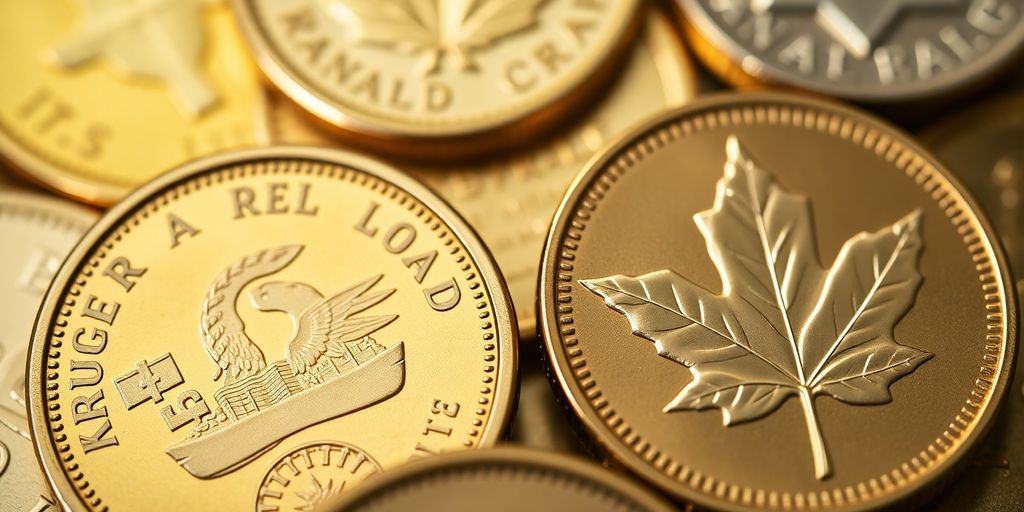 Pièces d'or de collection variées sur fond neutre.