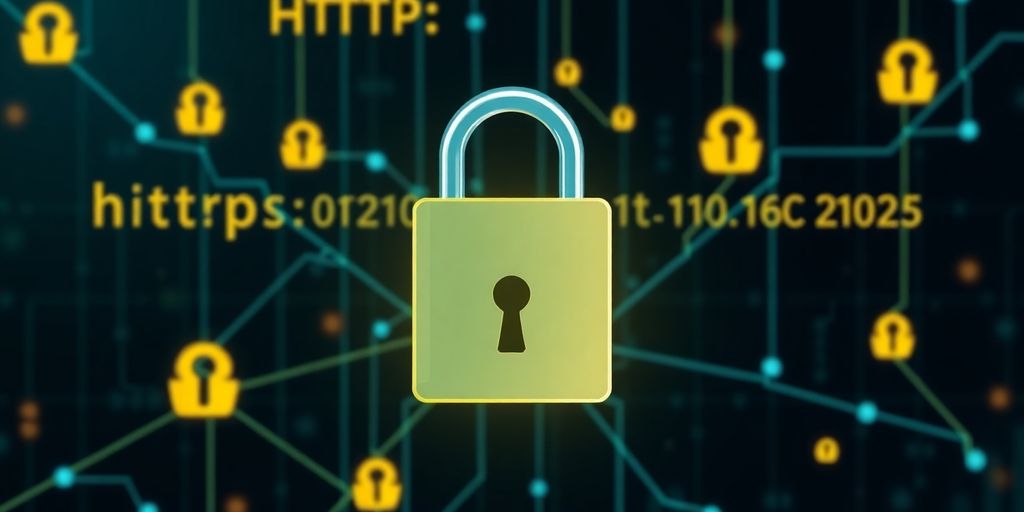 Illustrative image of a padlock and HTTPS symbols.