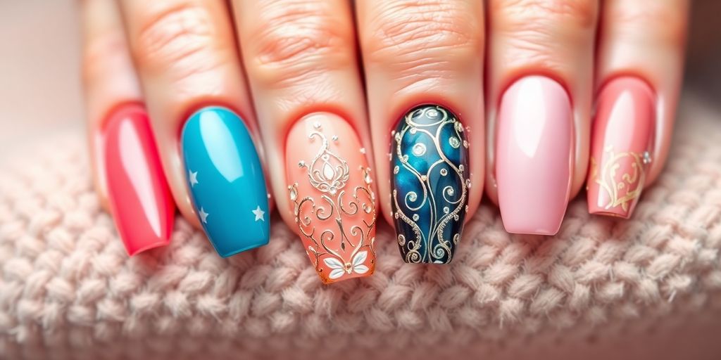 Unhas de gel coloridas e bem cuidadas em fundo suave.