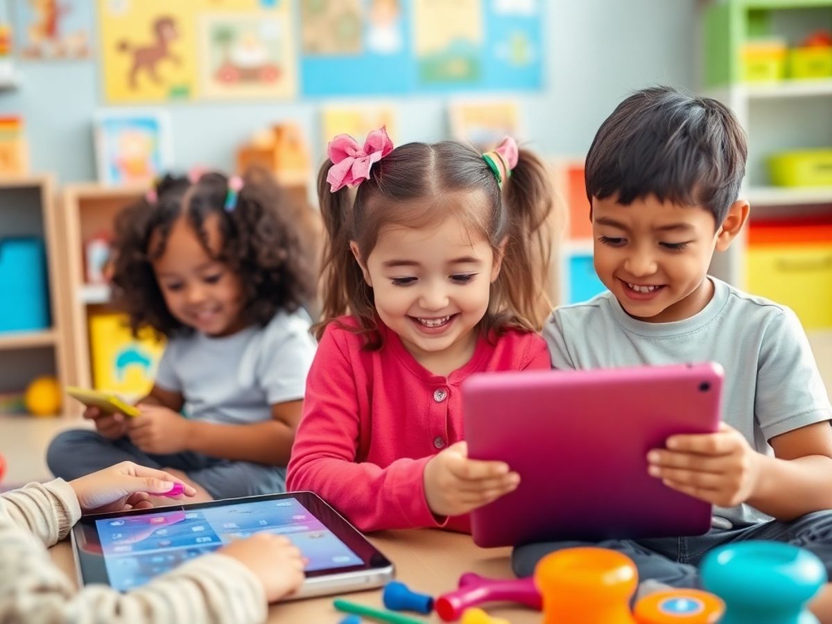 Copii folosind gadgeturi educaționale într-o atmosferă sigură.