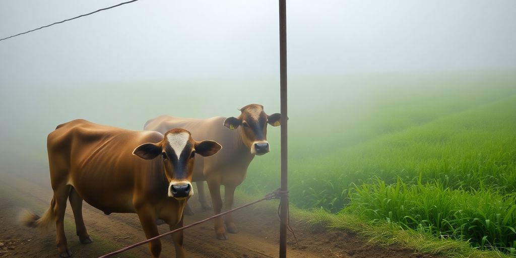 Cows on a dairy farm with fogger systems operating.