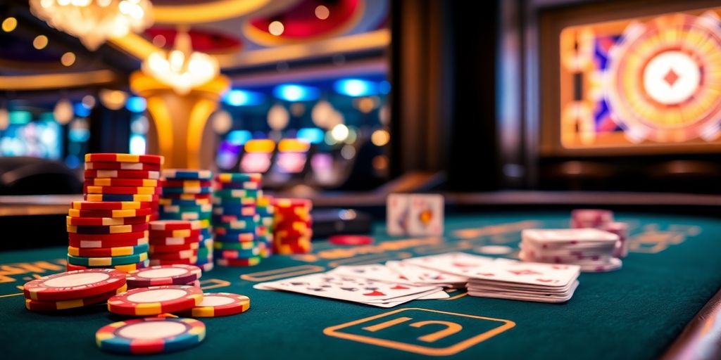 Baccarat table with chips and cards.