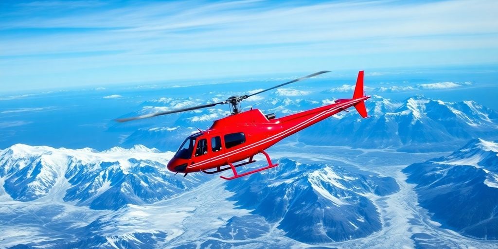 A helicopter flies over vast, snow-covered Alaskan mountains and glaciers.