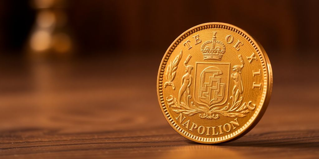 Pièce en or de Napoléon sur une table en bois.