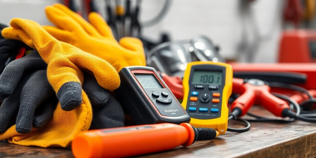 Electrical safety equipment on a workbench, including gloves and goggles.