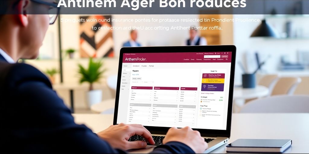 Agent using Anthem Broker Portal on a laptop in office.