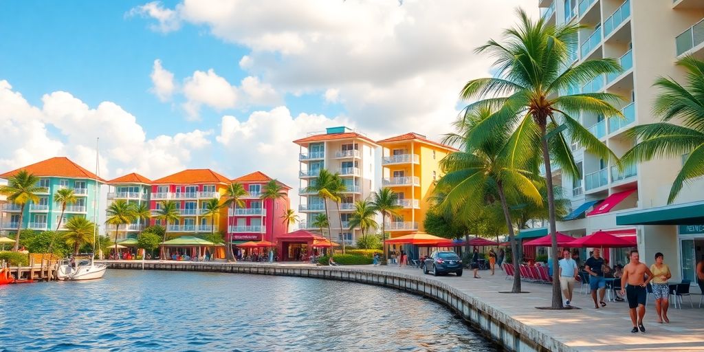 Vibrant Aventura Florida waterfront scene with palm trees.