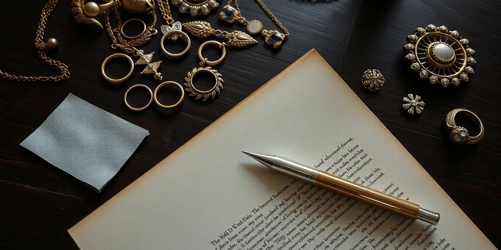 Bijoux familiaux et contrat de vente sur une table en bois.