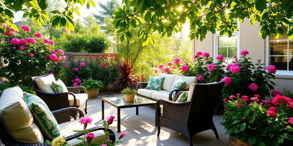 Stylish patio furniture with lush garden greenery.