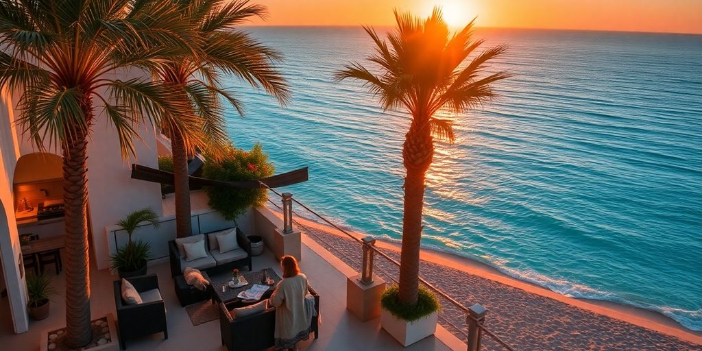 Cozy modern beachfront Airbnb with vibrant ocean view and sunset