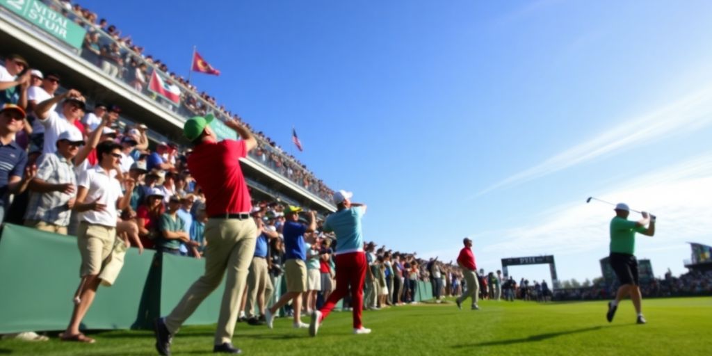 Professional golfers competing on a sunny golf course.