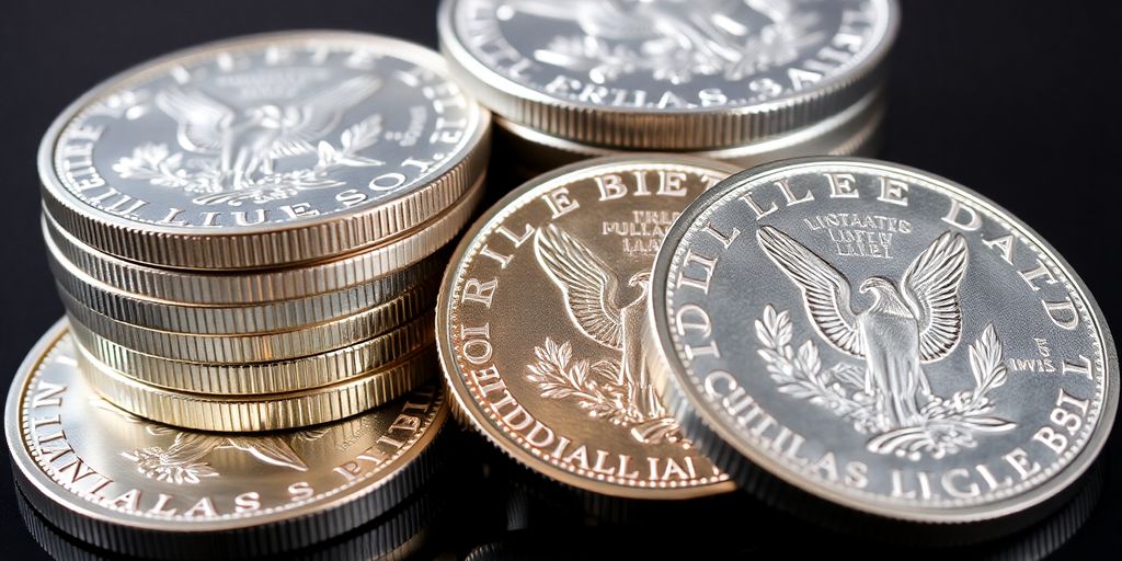 Close-up of Silver Eagle coins on a dark surface.