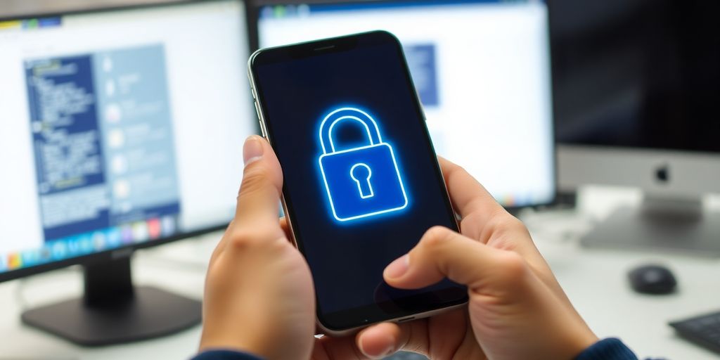 Mãos segurando smartphone com cadeado digital.