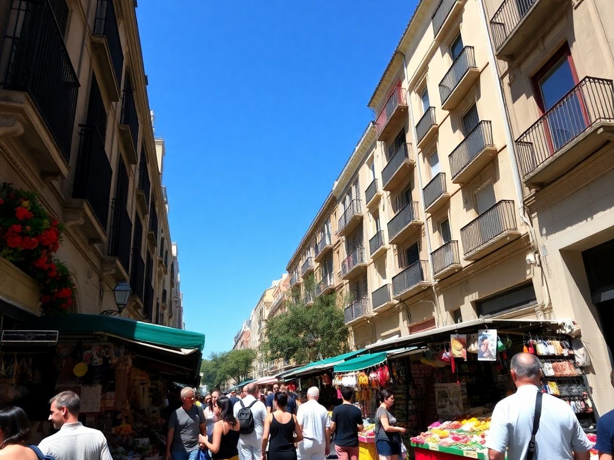 Barcelona's vibrant street market with colourful stalls and people.