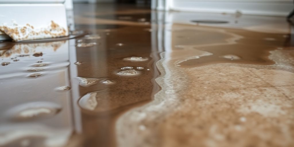 Close-up of water pooling on a damaged floor.