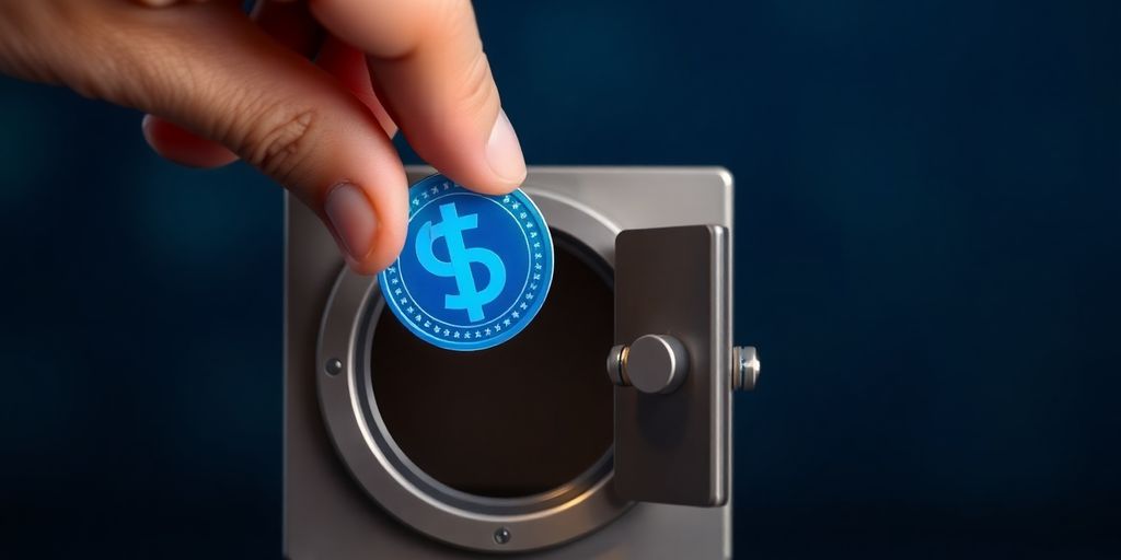 Digital coins, secure vault door.