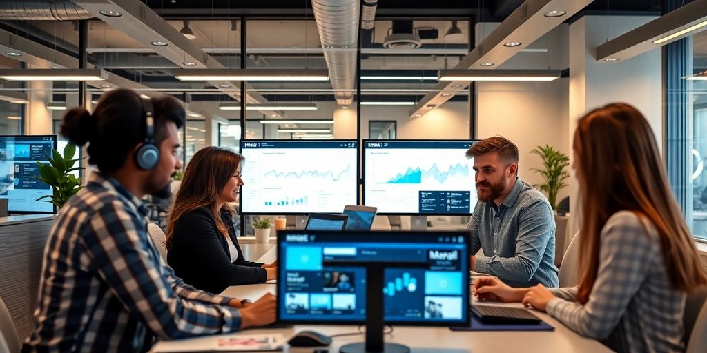 Profissionais de marketing digital em ambiente moderno.