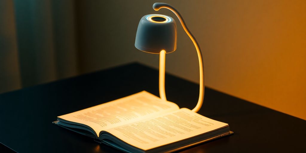 Portable table lamp glowing warmly on a dark surface.