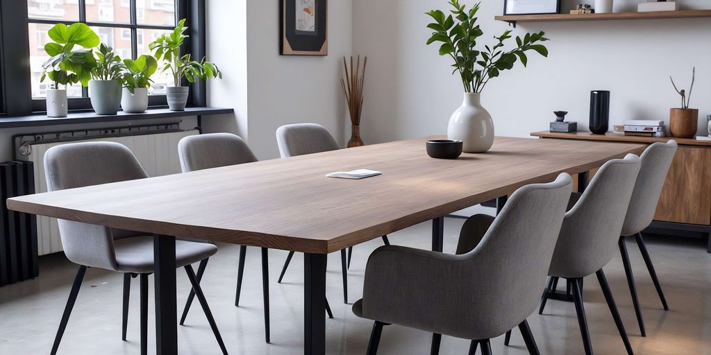 Modern dining room with a large table and stylish chairs.