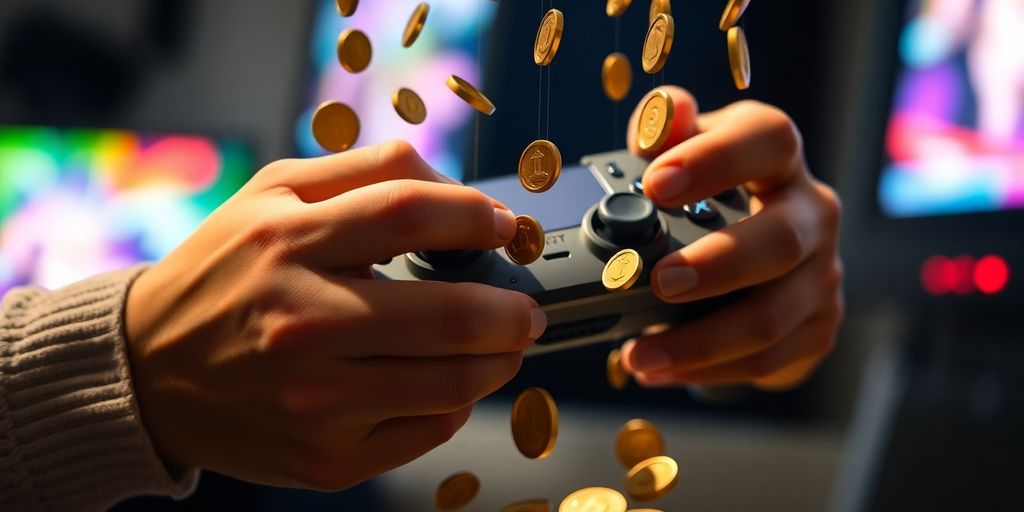 Coins falling onto hands playing video games.