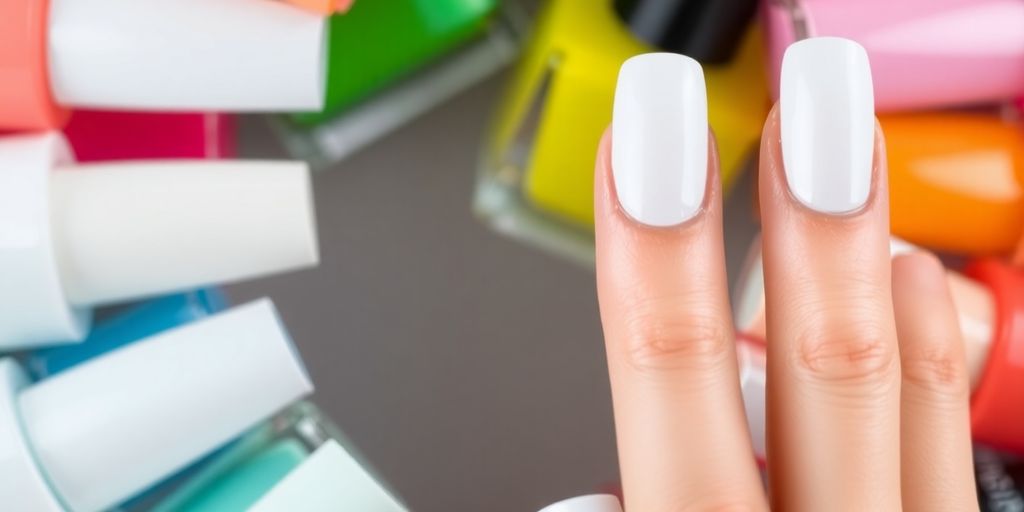 Unhas brancas com esmaltes coloridos ao redor.